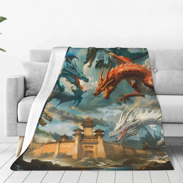 Fotbe Red Blue Dragon Battle Epic Manta de Franela Acolchonada con Estampado, Súper Suave y Esponjosa, Extra Grande para Sofá, Cama, Uso Todo el Año-80"x60"
