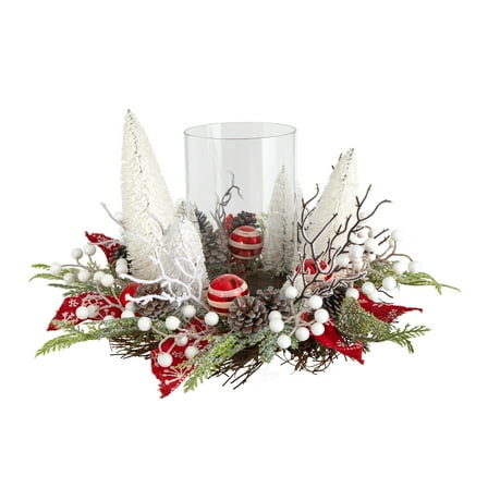 Nearly Natural 15" Holiday Lighted Forest Candle Holder Table Christmas Artificial Arrangement