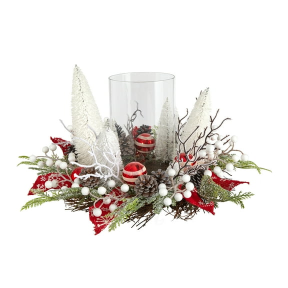 Nearly Natural 15" Holiday Lighted Forest Candle Holder Table Christmas Artificial Arrangement