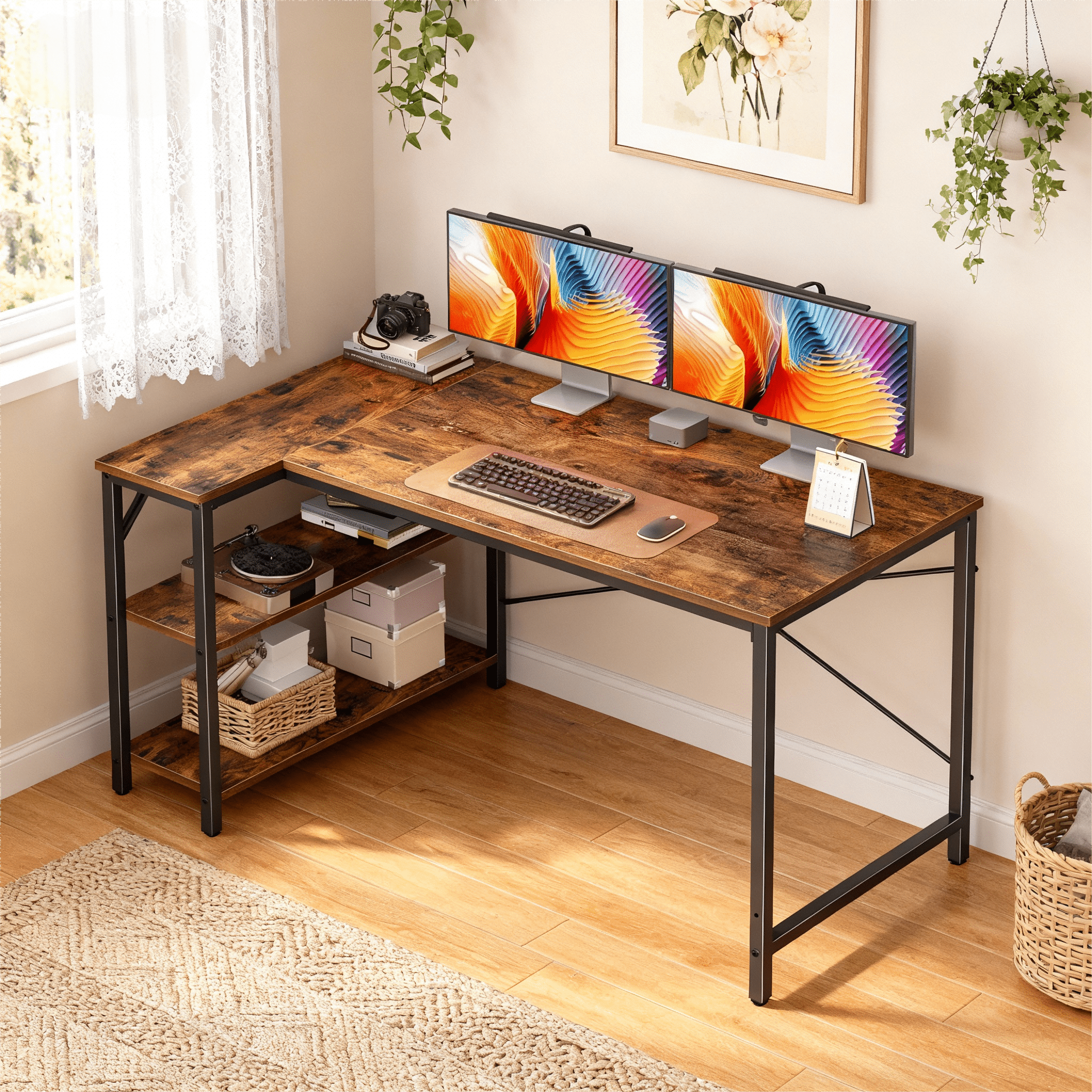 CONCETTA 47” L Shaped Computer Desk with Reversible Storage Shelves, Corner Gaming Desk with PC Stand, Home Office Writing Study Table, Black