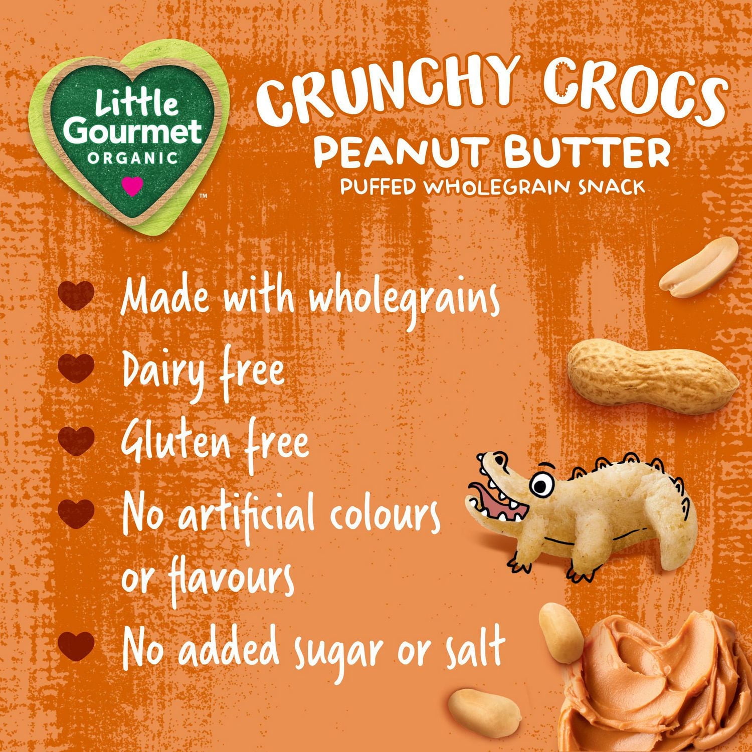 Little Gourmet Crunchy Crocs Peanut Butter Organic Toddler Snack, Puffed wholegrain snacks