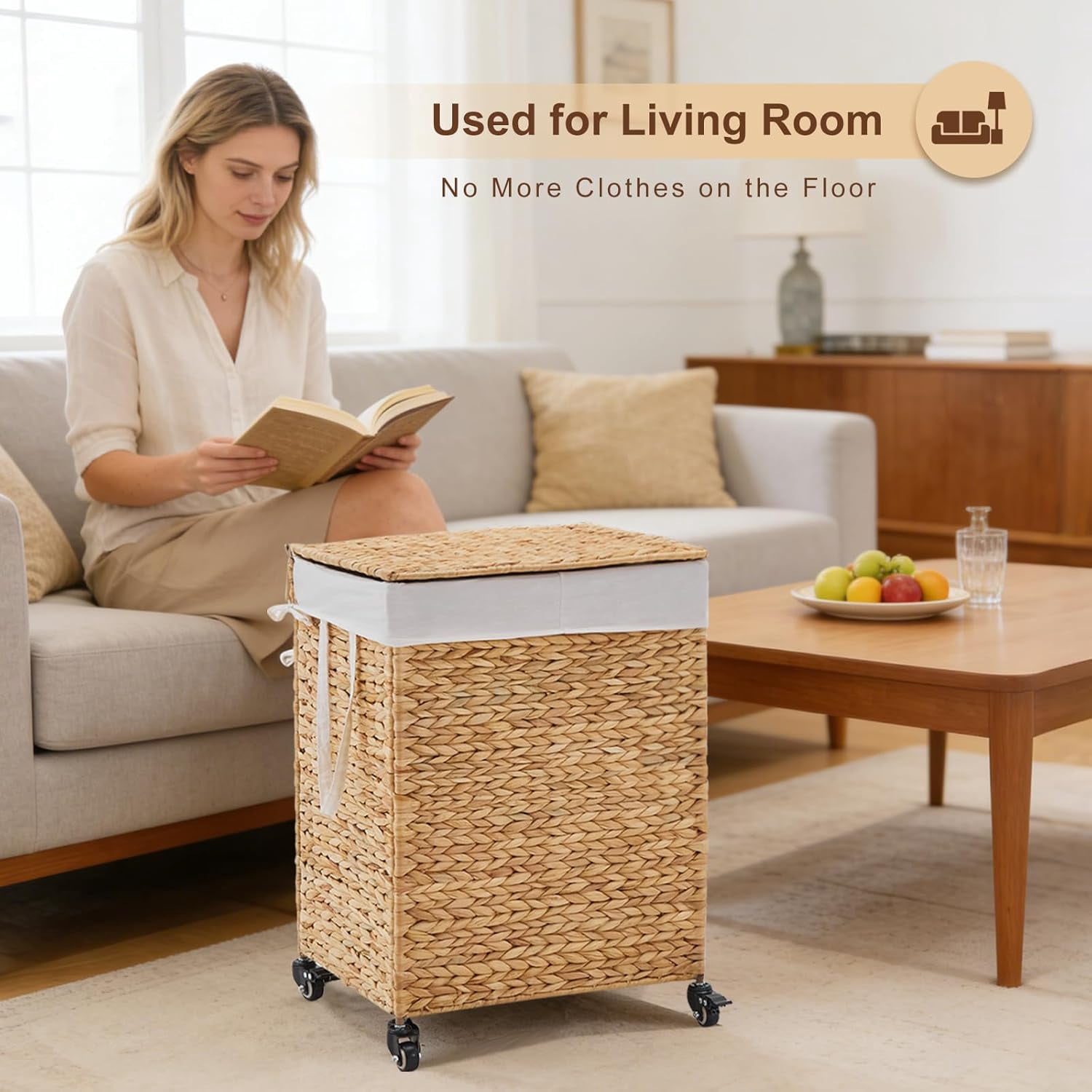 Casa Pura Furniture 2-Section Laundry Hamper with Lid, Water Hyacinth Woven Laundry Sorter with Removable Liners, Rolling or Non-Slip Design