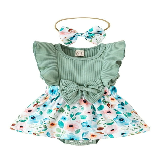 Bébés Filles Robe Romper Mouche Manches Floral Romper + Bandeau Noeud