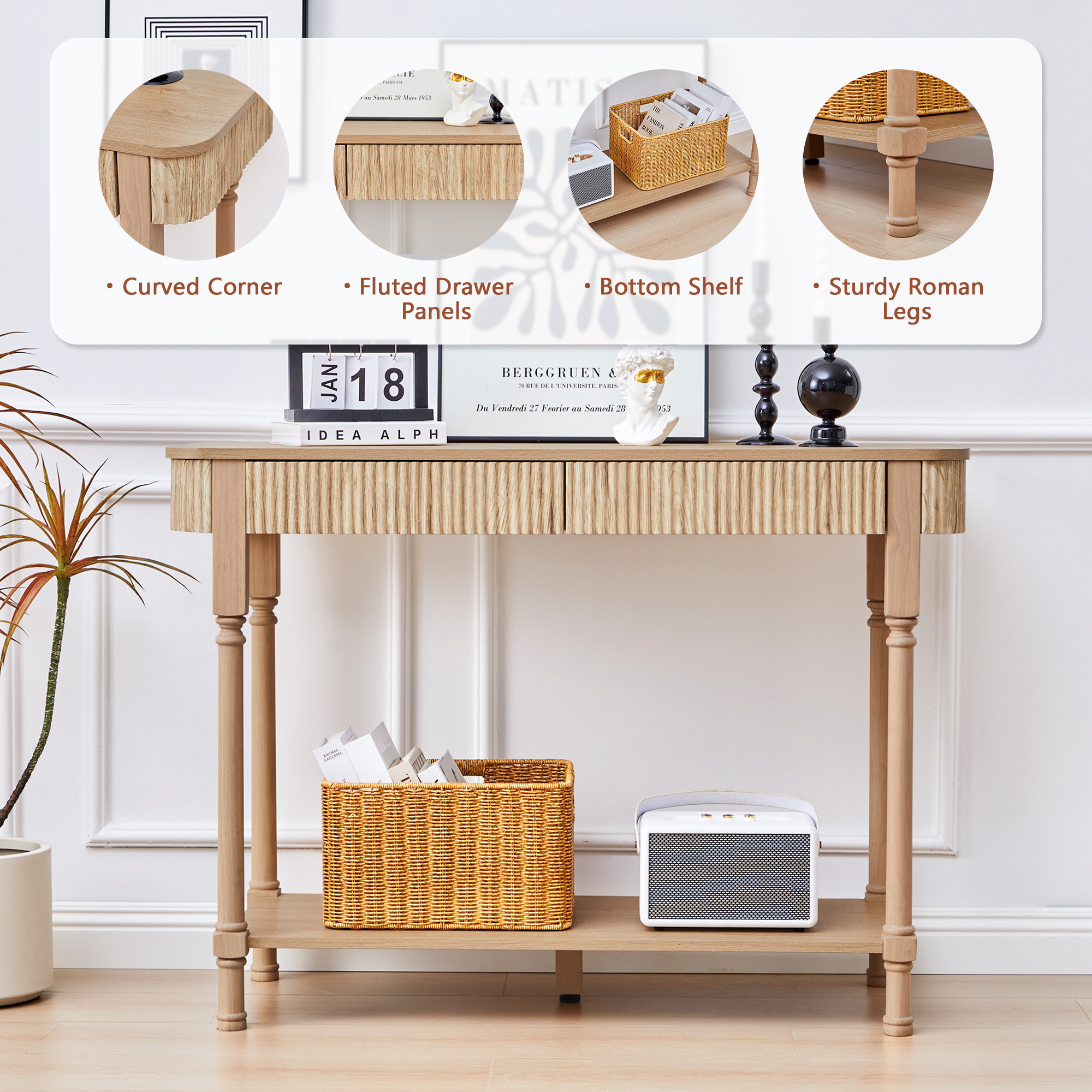 YOCWO Roman Column Console Table, Fluted Sofa Table with 2 Drawer and Open Shelf for Storage, Mid Century Modern Entryway Table for Living Room Hallway, Natural