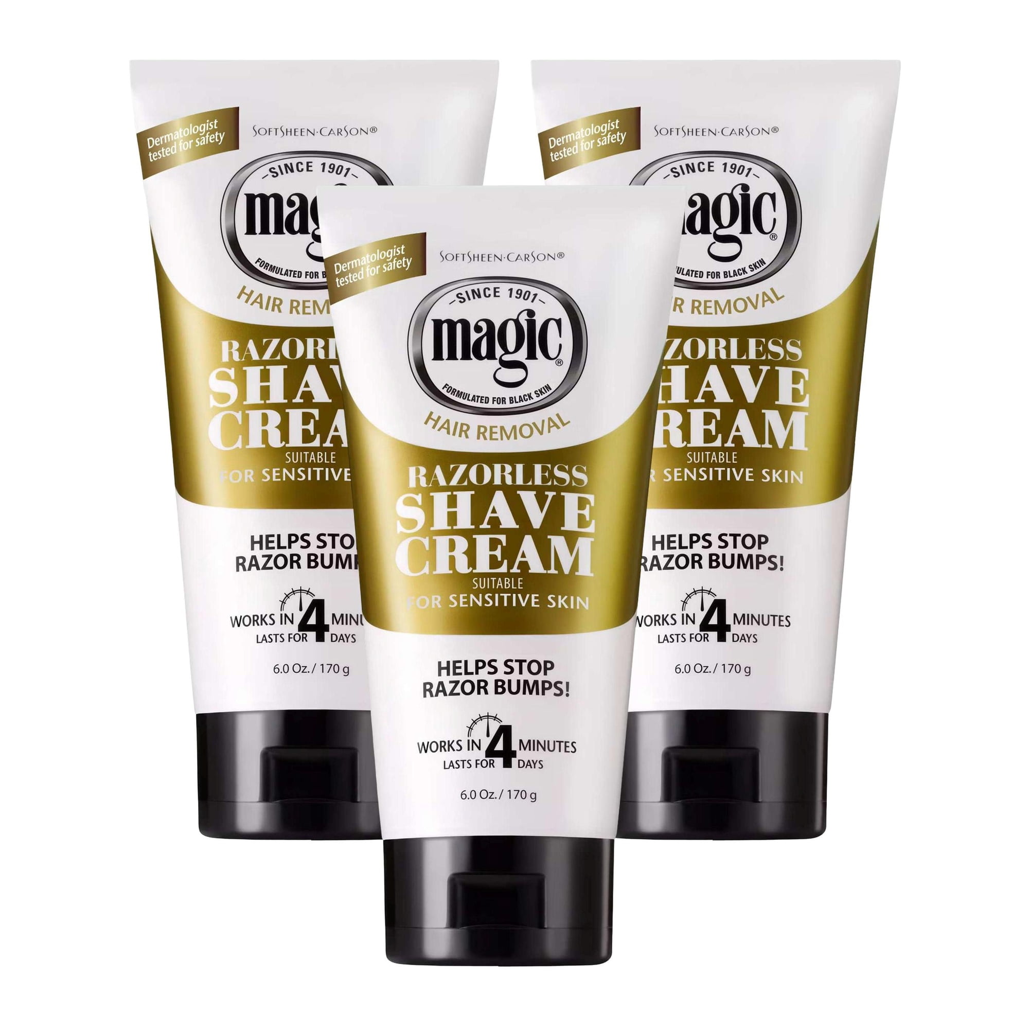 Magic Razorless Cream Shave for Sensitive Skin 6oz Tube (Pack of 3)