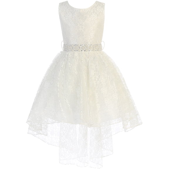 Little Girl High Low Floral Lace Rhinestones Pearl Belt Easter Pageant Flower Girl Dress Ivory 2 JK3744 BNY Corner