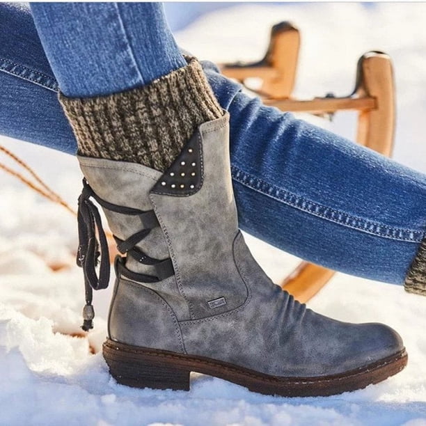 Botas de nieve de lana con boca de invierno para mujer de Station, botas de media caña con punta redonda y suela plana para mujer