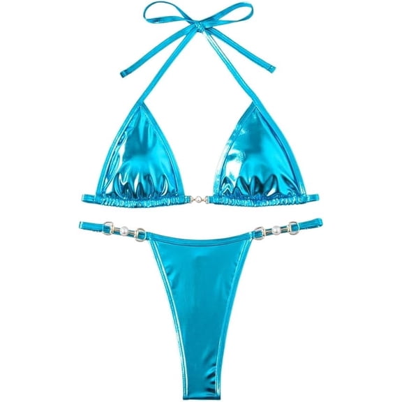 Women's Sexy Solid Metallic Bikini Set Y2K Two Piece Swimsuit Full Coverage Bathing Suit Push Up Swimwear for Women