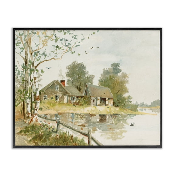 Cabin Along River's Edge Black Framed Giclee Art, design by Lettered and Lined