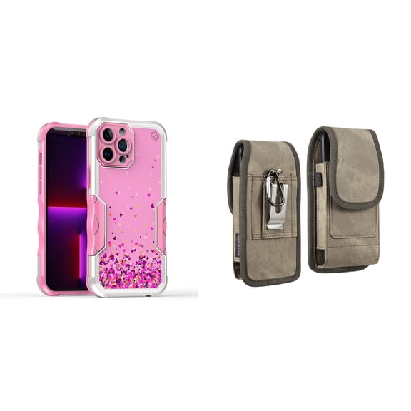 Case and Pouch Bundle for iPhone 14: Heavy Duty Armor Rugged Case (Pink Floating Hearts) and Vertical Rugged Denim Nylon Belt Holster (Brown)