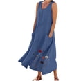 thumbnail image 3 of Robes en Lin Grande Taille pour Femmes Sans Manches à Col Rond à Imprimé Floral Boho Hawaïennes Robe d'Été Décontractée Légère Fluide Midi avec Poches Robe Bleue, Taille P-5TG, 3 of 6