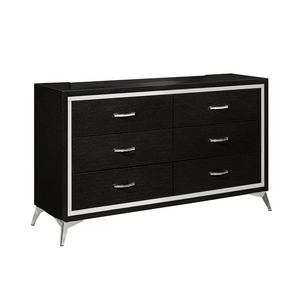 Benjara Sami 58 Inch Wide Dresser, 6 Drawers, Mirror Trim, Embossed Texture, Black