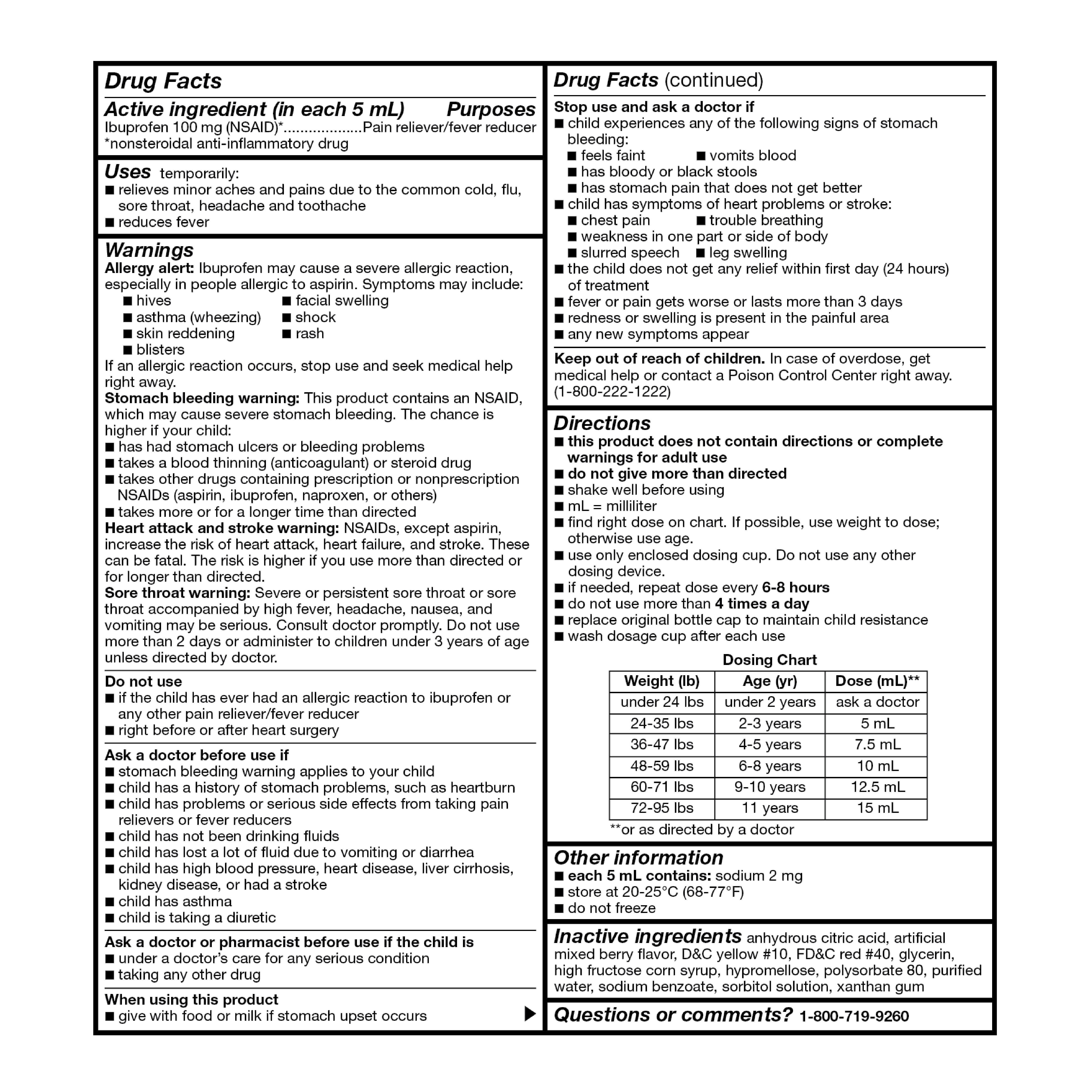 Equate Children's Ibuprofen Oral Suspension, 100 mg, Berry Flavor, Ages 2 to 11 Years, 4 fl oz, Compare to Children's Motrin Active Ingredient