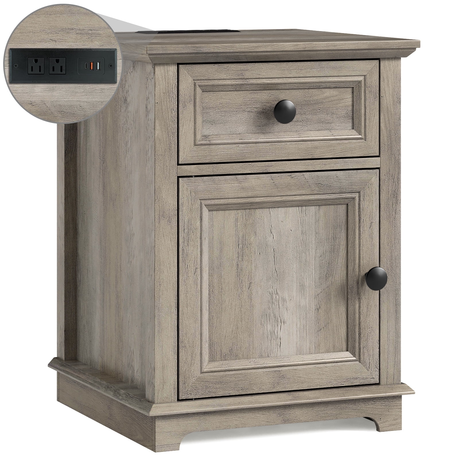 FAGAGA End Table for Living Room with Charging Station, Square Sofa Side Table with Drawer and Adjustable Storage Shelf, Wooden Nightstands Storage Cabinet for Bedroom, Office | Split Oak