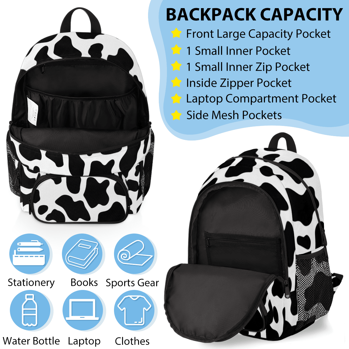 Herdesigns Black White Backpack with Lunch Box Fun Cow Print Farm Animal Lightweight Large Travel Work Laptop Backpacks Set Casual Daypacks