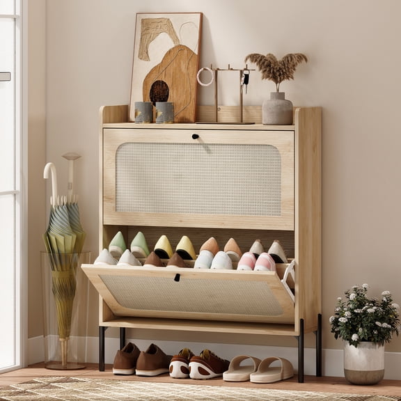 HOMCOM Shoe Cabinet with 2 Flip Drawers, Boho Narrow Shoe Storage Cabinet with Adjustable Shelves and Rattan Accent, Holds 12-16 Pairs, Oak