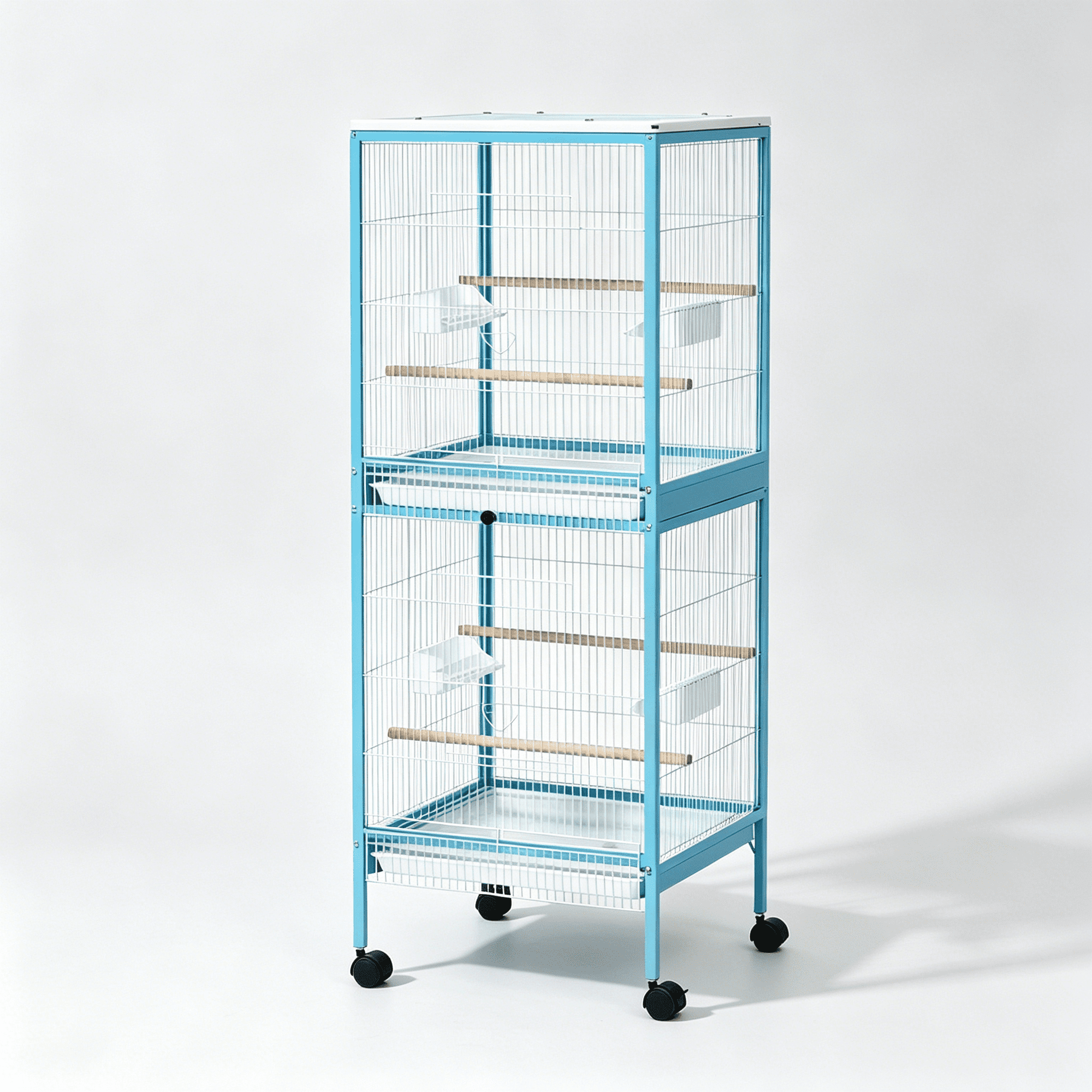 Large Bird Cage with Rolling Stand for Small Birds, Multi-Level Aviary with Slide-Out Trays, Light Blue and White Steel and Wood Habitat