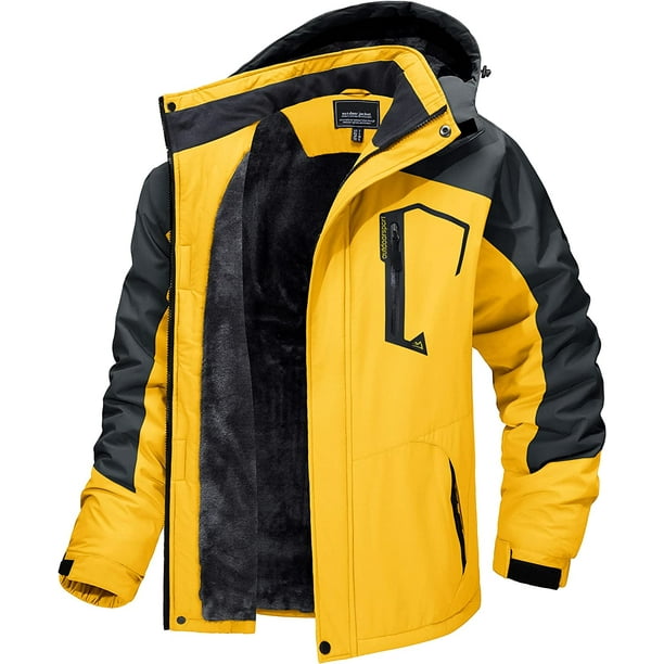 215 Yellow GreyXX-LargeMen's Skiing Jacket with Hood Waterproof Hiking  Fishing Travel Fleece Jacket Parka Raincoat 