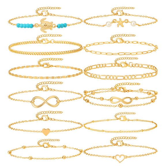 12Pcs Women's Charm Anklet Set Multilayer Chain Ankle Bracelets Boho Gold Anklet for Women