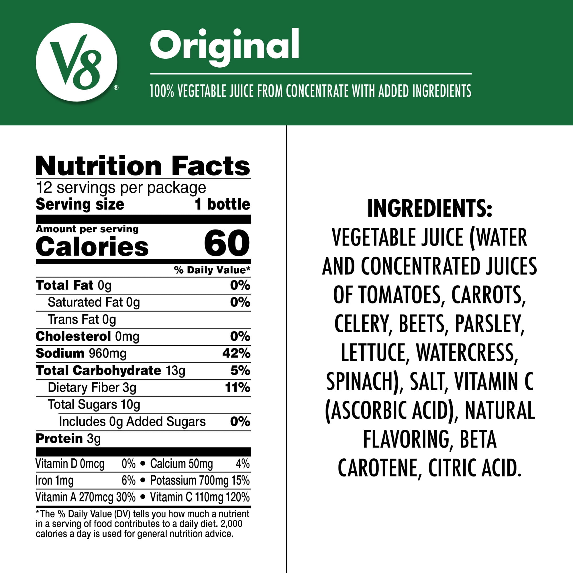 V8 Original 100% Vegetable Juice, 12 fl oz Bottle, 12 Count