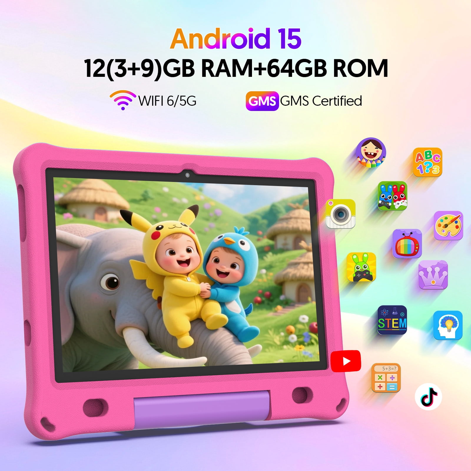 10inch Kids Tablet Android 15,1280x800 HD Ips Display Tablet with Eva Case,12GB (3g+9g) RAM+64GB Rom,Quad-Core, Wi-Fi6,6000mAh,Parental Control App Google Certified - Pink