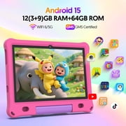 10inch Kids Tablet Android 15,1280x800 HD Ips Display Tablet with Eva Case,12GB (3g+9g) RAM+64GB Rom,Quad-Core, Wi-Fi6,6000mAh,Parental Control App Google Certified - Pink