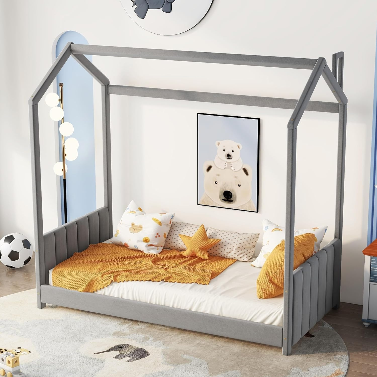 Bellemave Twin Size House Bed, Velvet Montessori Floor Bed with Headboard & Footboard, Twin Bed Frame for Girls Boys（Twin, Grey)
