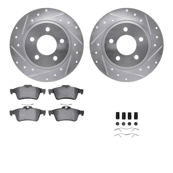 Dynamic Friction Company Rear Brake Rotors-Drilled and Slotted-Silver with 5000 Advanced Brake Pads includes Hardware 7512-80032