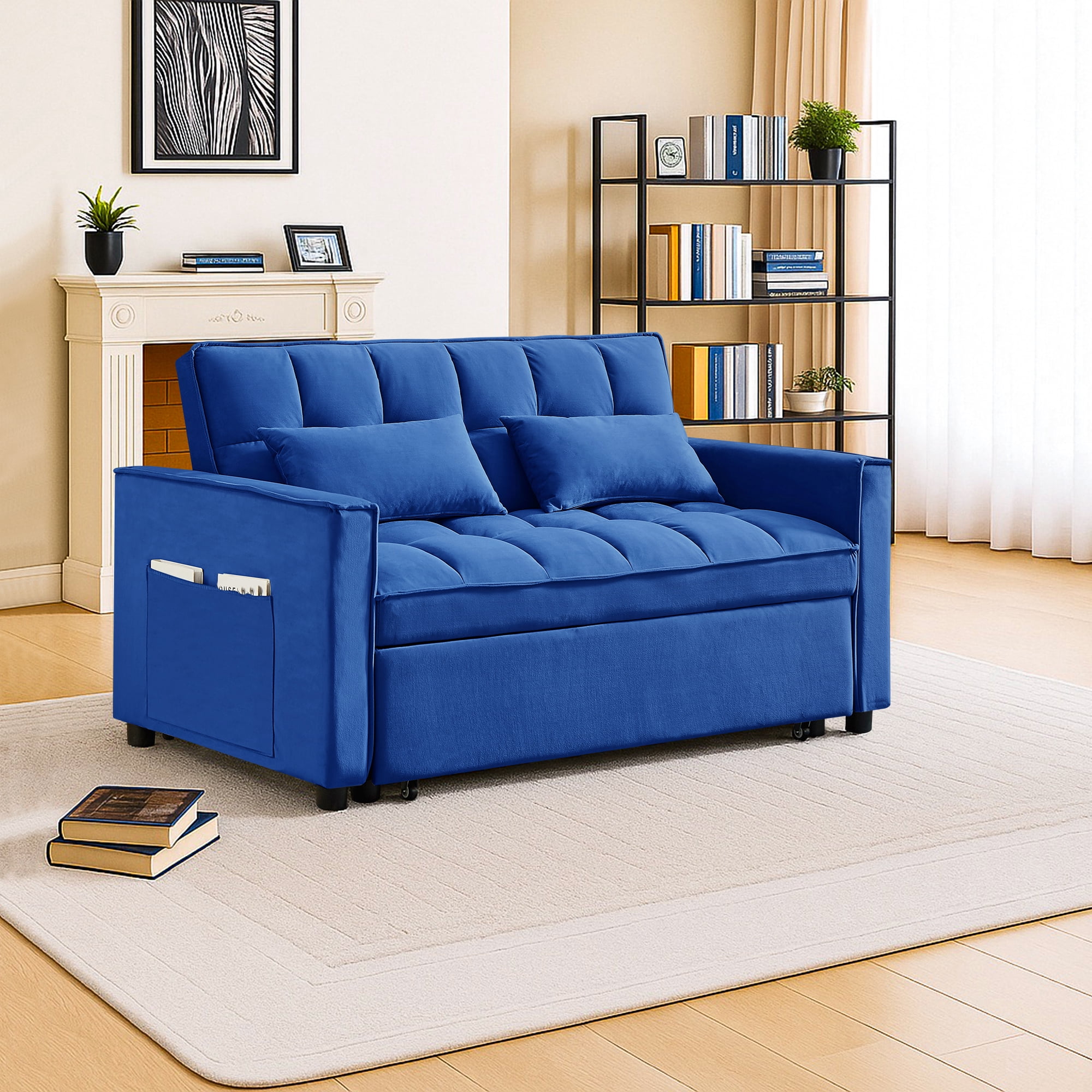 Hommoo 3 in 1 Convertible Pull Out Futon Sofa Bed, Loveseat Sleeper Sofa, Blue