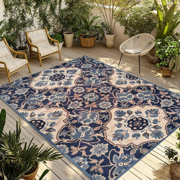 Fsddascl Blue Boho Outdoor Rug for Patio/Deck/Porch, Non-Slip Large Area Rug 4 x 6 Ft, Country Vintage Ethnic Floral Geometric Indoor Outdoor Rugs Washable Area Rugs, Reversible Camping Rug Carpet