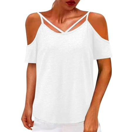 

Women Fashion Casual Cold Shoulder Solid Color Loose Short Sleeve T Shirt Top Womens Long Sleeve Compression Shirt Rainbow Stripe Shirt Womens Swim Short Sleeve Scrub Jackets Shirts Women Casual