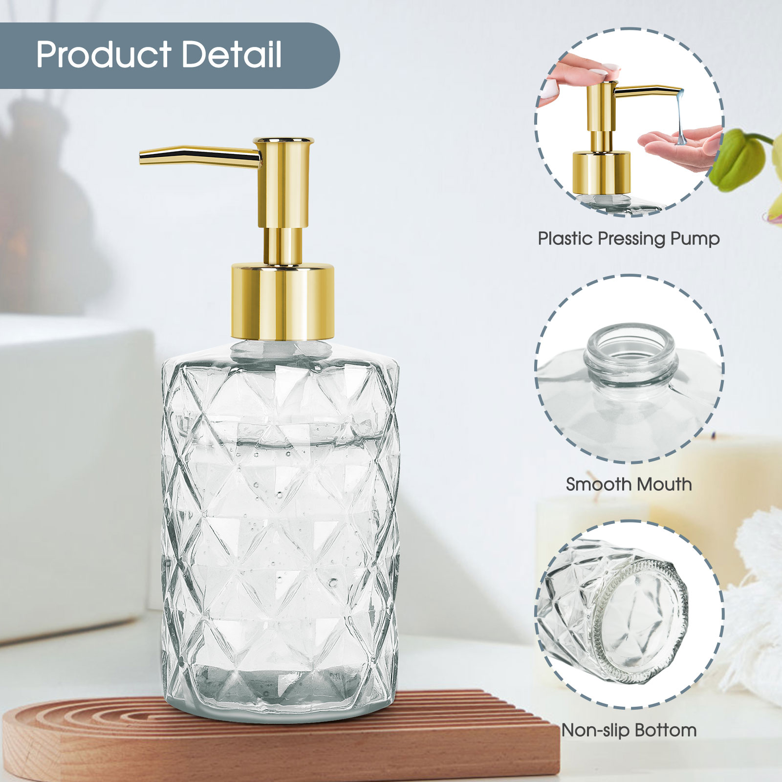 2pcs 330ml Glass Soap Dispenser Set - Transparent & Golden Liquid Hand Soap/Lotion/Shampoo Bottles, Sturdy Pump for Bathroom Kitchen Office Sink