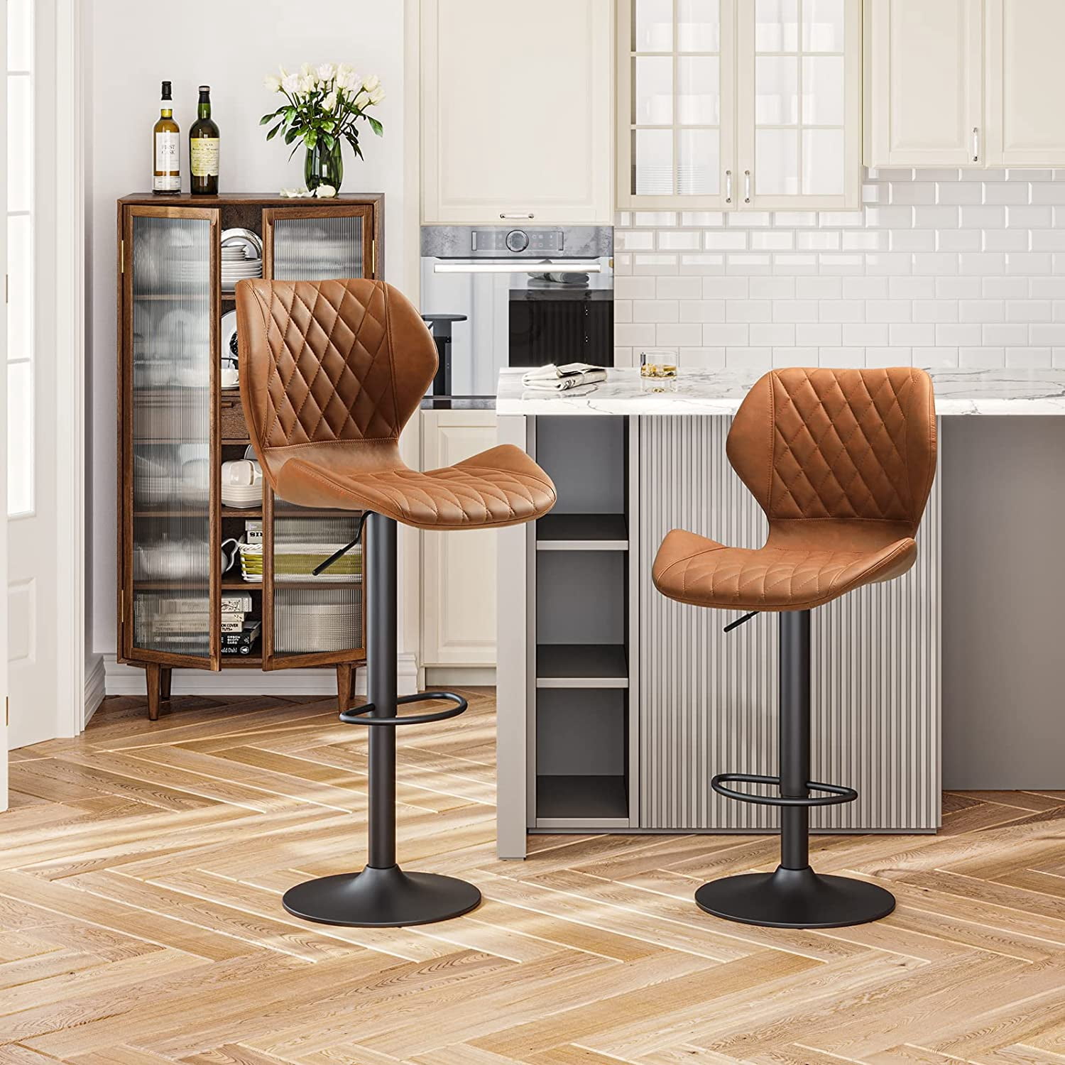 Afuhokles Set of 4 PU Leather Bar Stools Kitchen Dining Bar Chairs Rustic Low Back Brown