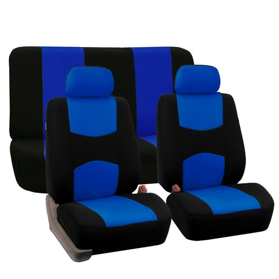 FH Group Universal Flat Cloth Fabric Car Seat Cover, 2 Headrests Full Set, Blue and Black