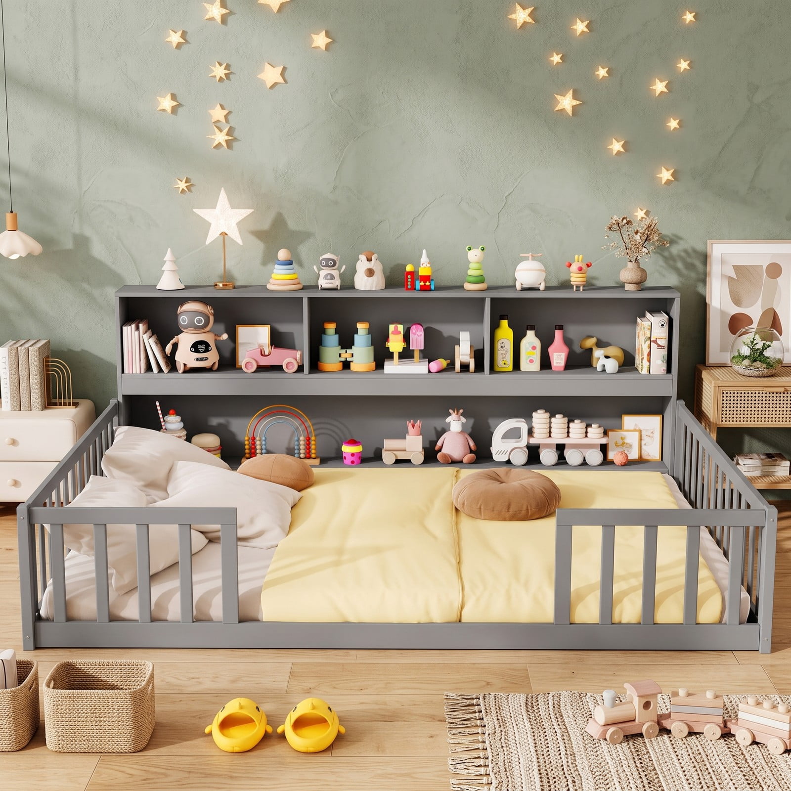 Furnibear Full Size Bed Frame Montessori Floor Bed with Bookcase Headboard and Full Length Fence Rails for Kids Bedroom, Gray