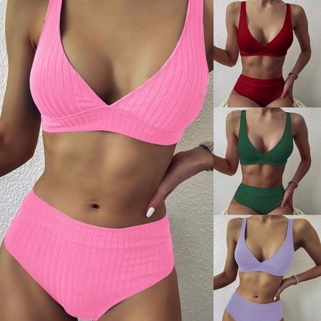 

Yamaler Bikini Set Solid Color Deep V Neck Two Pieces Set Women Ribbed Bra Briefs Swimwear for Summer