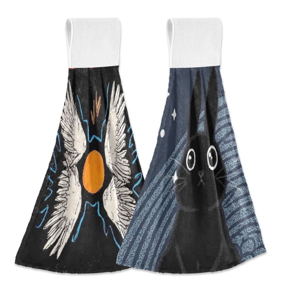 IAUYY Kitchen Hanging Towels Set of 2 100% Polyester Absorbent, Super Soft Hand Towels with Hanging Loops for Bathroom Kitchen Blue Line Black Rabbit