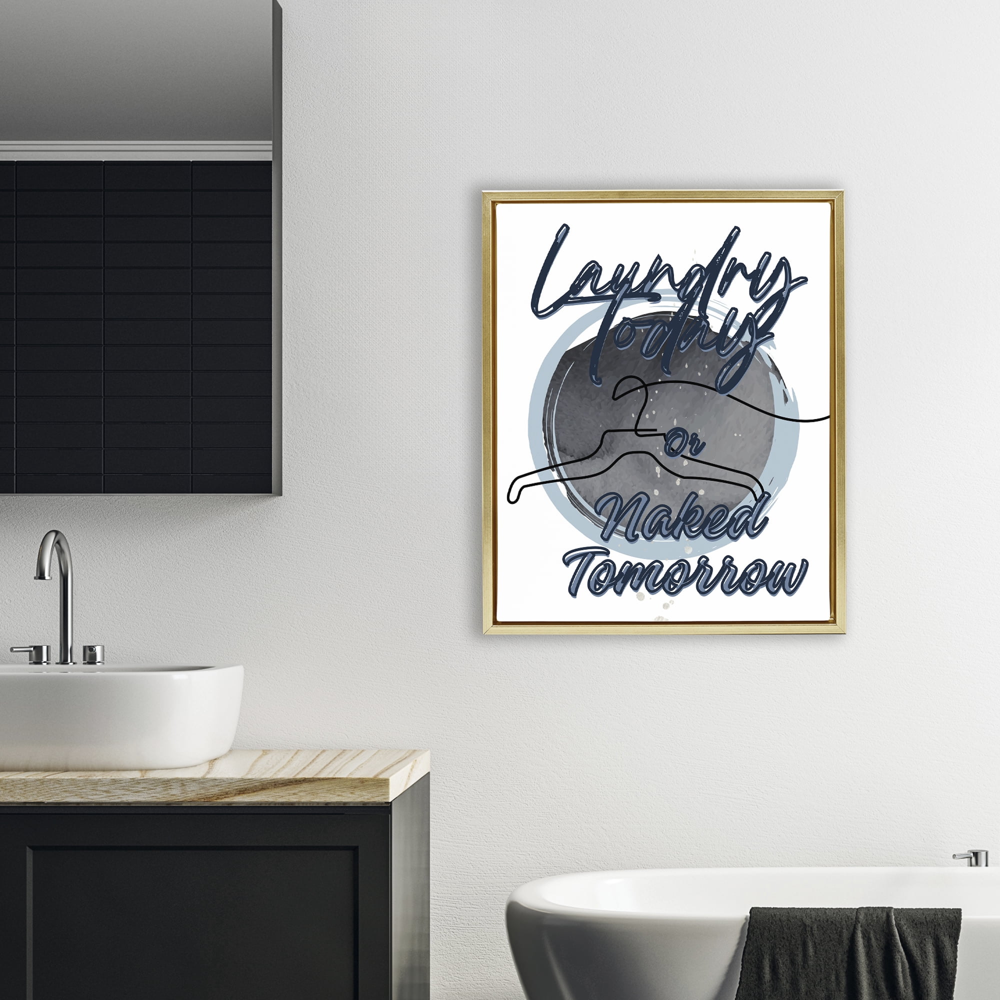 Laundry Phrase with Hanger Contour Gold Framed Floater Canvas Wall Art, design by Jesse Keith