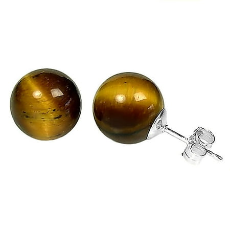 Tigers Eye 10mm Ball Stud Earrings 14K White Gold Posts