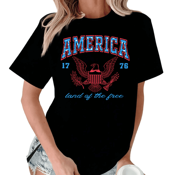 Giffimy Women's America 1776 Eagle Patriotic Graphic Short Sleeve T-Shirt S-5XL Cotton Fashion Top