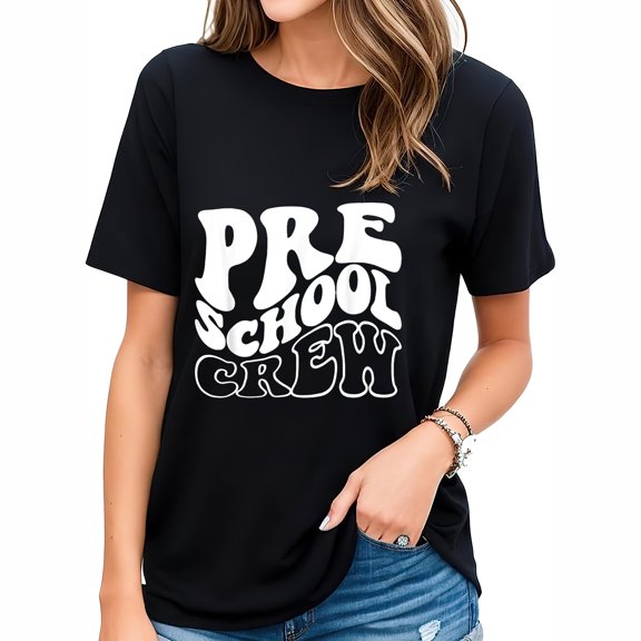 PRE-K Crew Happy First Day Of School Preschool Bac Women's Graphic T-shirt - Fashionable Short Sleeve Top with Eye-catching Design