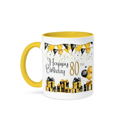 

3dRose Yellow and Black Gifts and Balloons Happy 80th Birthday 11oz Two-Tone Yellow Mug