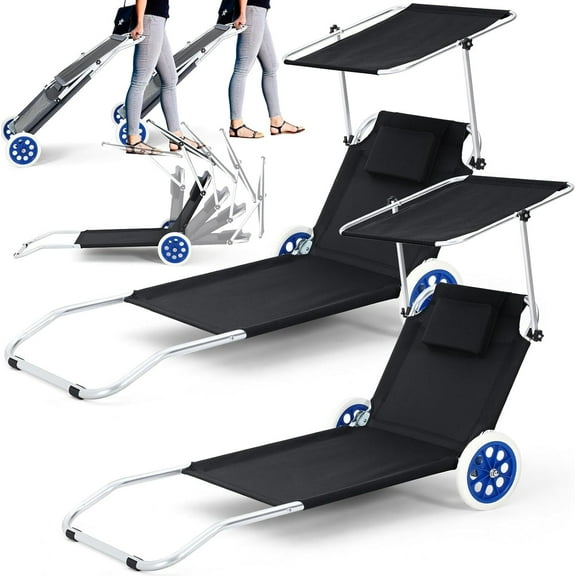 Lounge Chairs, 2 Pack Portable Outdoor Chaise Lounge Chairs, Wheels Folding Beach Lounge Chair with Canopy Sun Shade and Pillow