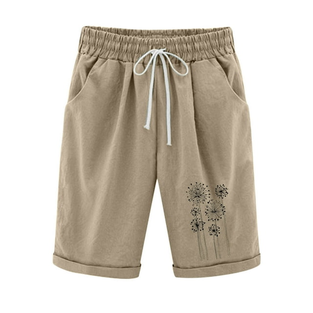 FAIWAD Womens Summer Shorts Elastic High Waist Drawstring Pants Knee Length Floral Print Breathable Shorts