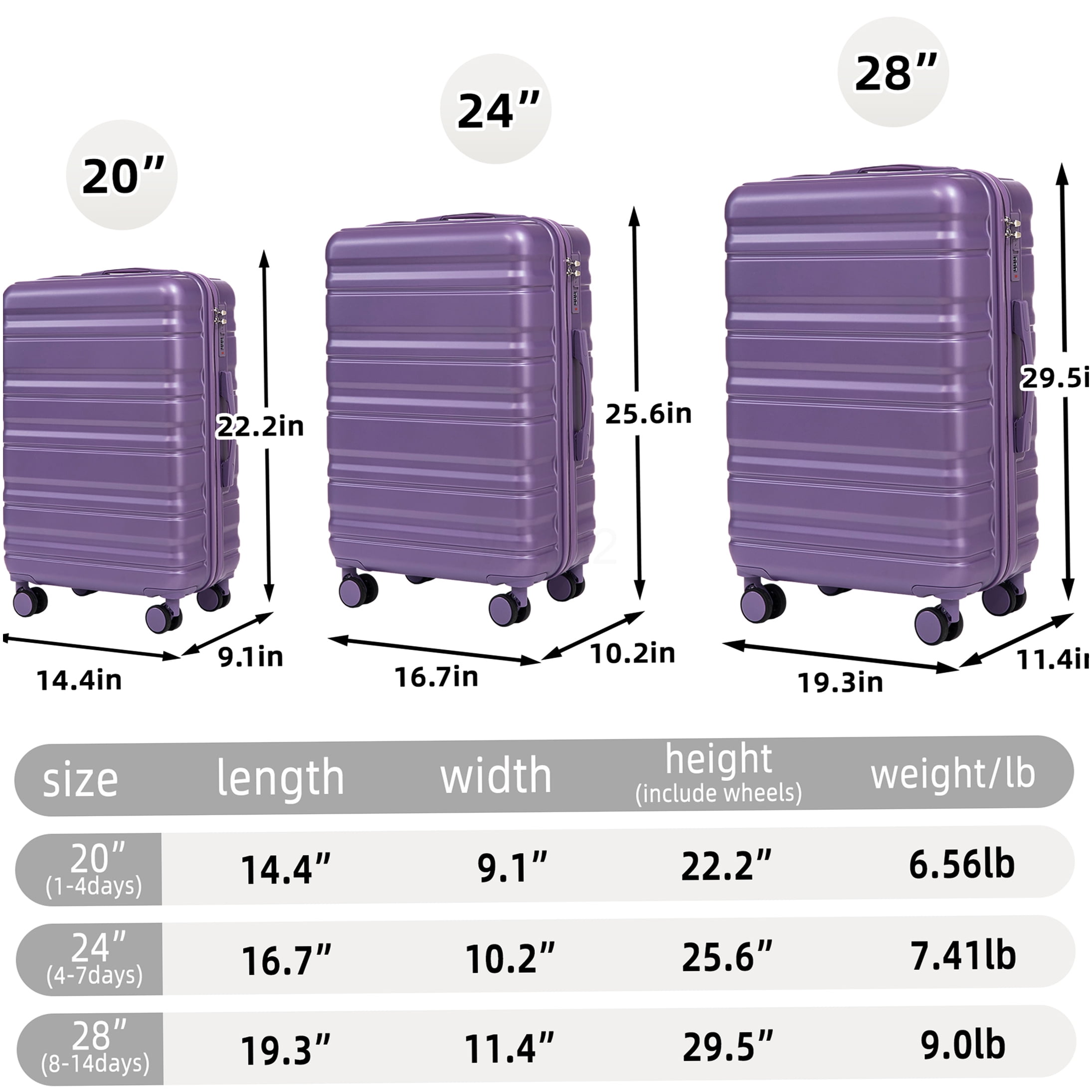 COSMOS 3-Piece Purple ABS Hardside Spinner Luggage Set, 20 24 28 Inch Suitcases with TSA Lock, Lightweight Carry On