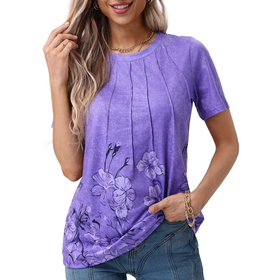 UVN Blouses for Women Summer Pleated Shirts Dressy Casual Short Sleeve Tunic Tops