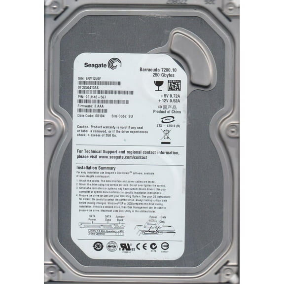 ST3250410AS, 6RY, SU, PN 9EU142-567, FW 3.AAA, Seagate 250GB SATA 3.5 Hard Drive
