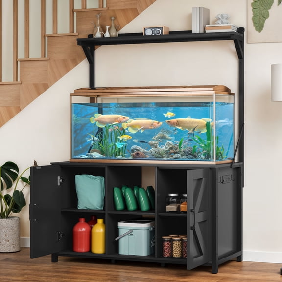 Uforic 120 Gal Fish Tank Stand w Shelf and Cabinet, 1100 Lbs Capacity, Power Outlets, Metal, Black