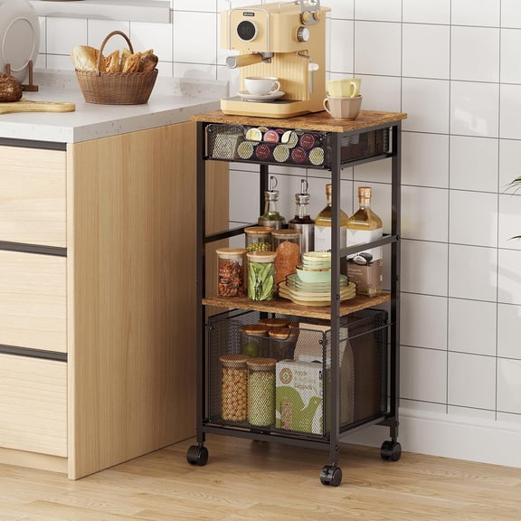 Kitchen Storage Cart with Drawers, 4-Tier Rolling Kitchen Cart for Small Spaces, Multifunctional Kitchen Organizer with Lockable Wheels, Fruit Vegetable and Snack Utility Storage Cart for Home