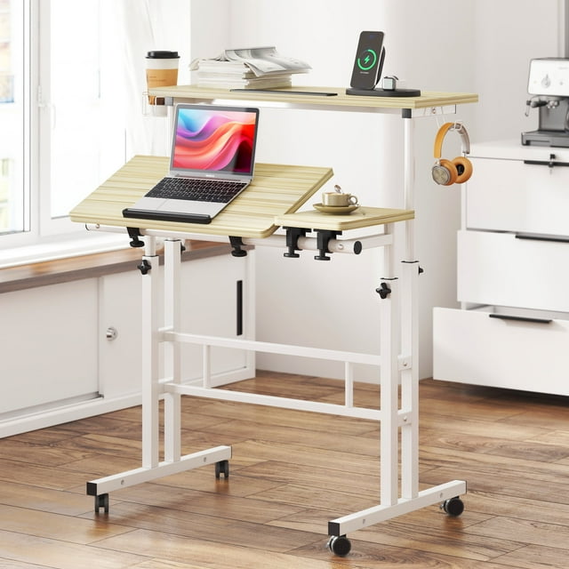 Soges Bureau Debout Mobile avec Porte-Gobelet et Crochets, Bureau Debout Portable, Petit Bureau Debout à Hauteur Réglable, Bureau Roulant avec Roulettes, Chariot pour Ordinateur Portable de Bureau à Domicile, Érable